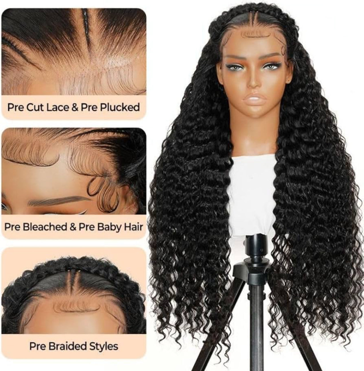 DANOUNOU Deep Wave, 13*6 Transparent Lace, Natural Color, Virgin Hair, 250% Density/ 100% Human Hair