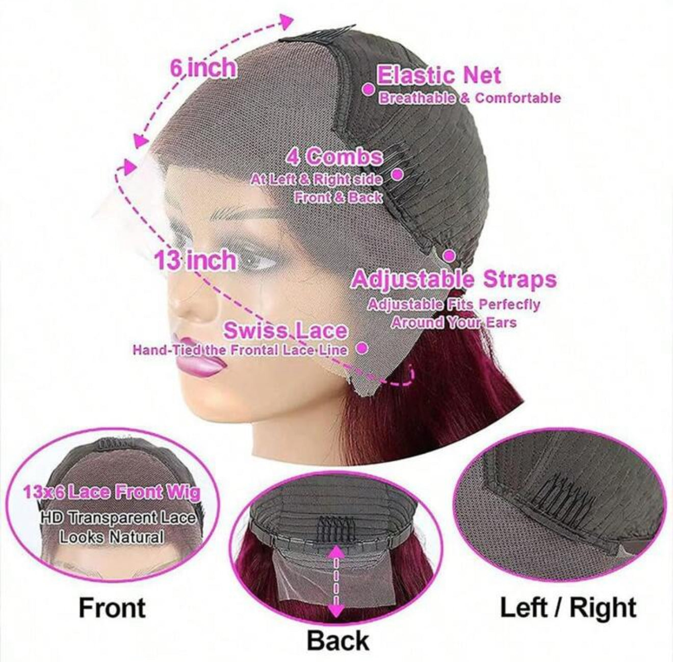 DANOUNOU Body Wave, 13*6 Lace 99j Color, 250% Density/ Premium Hair/ 100% Human Hair