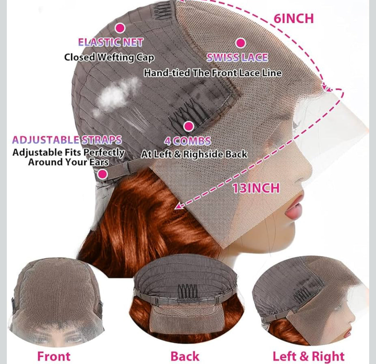 DANOUNOU Body Wave 13*6 Virgin Hair, Copper Brown, 250% Density/ 100% Human Hair