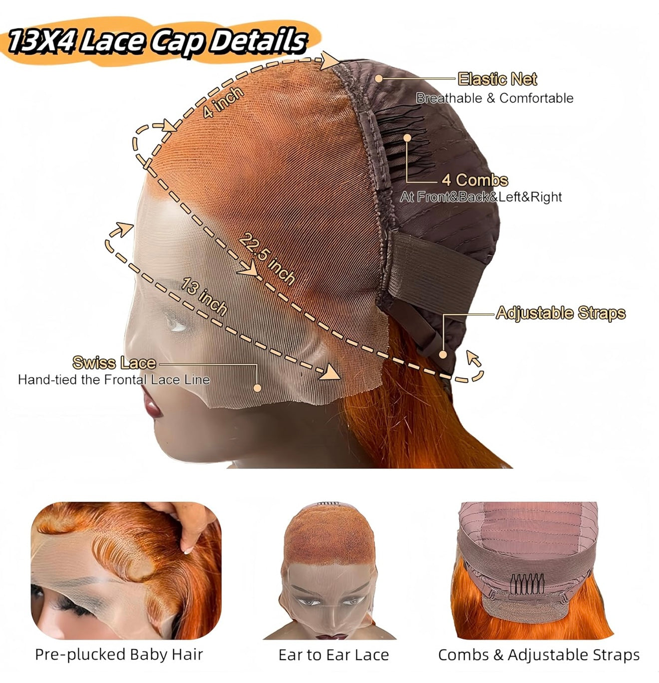 DANOUNOU Body Wave Transparent Lace 13*6 Virgin Hair, Ginger Color, 250% Density/ Human Hair