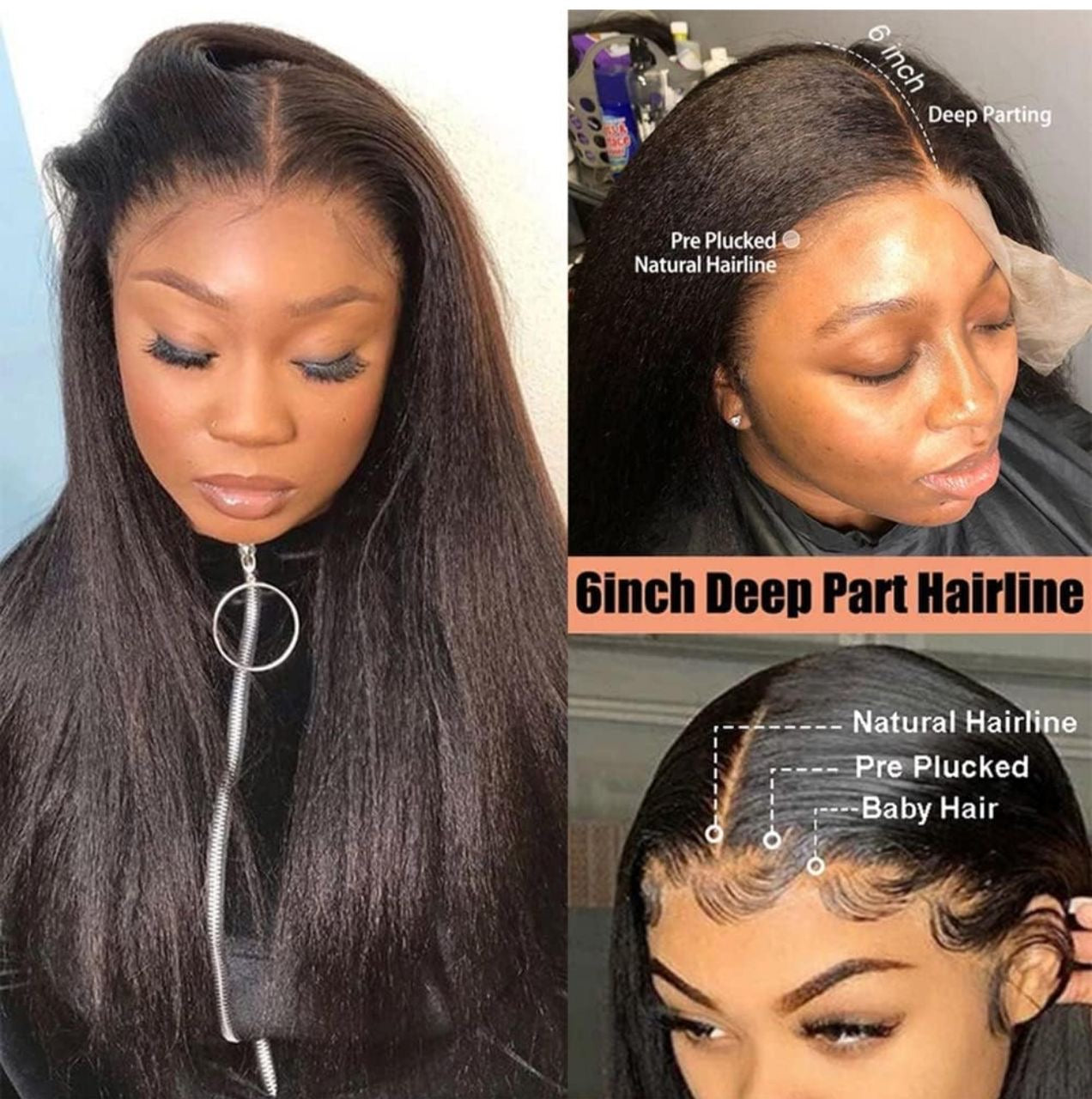 Danounou Wigs Kinky Straight 13*6 Lace Transparent, Human Hair 250% Density/ 100% Human