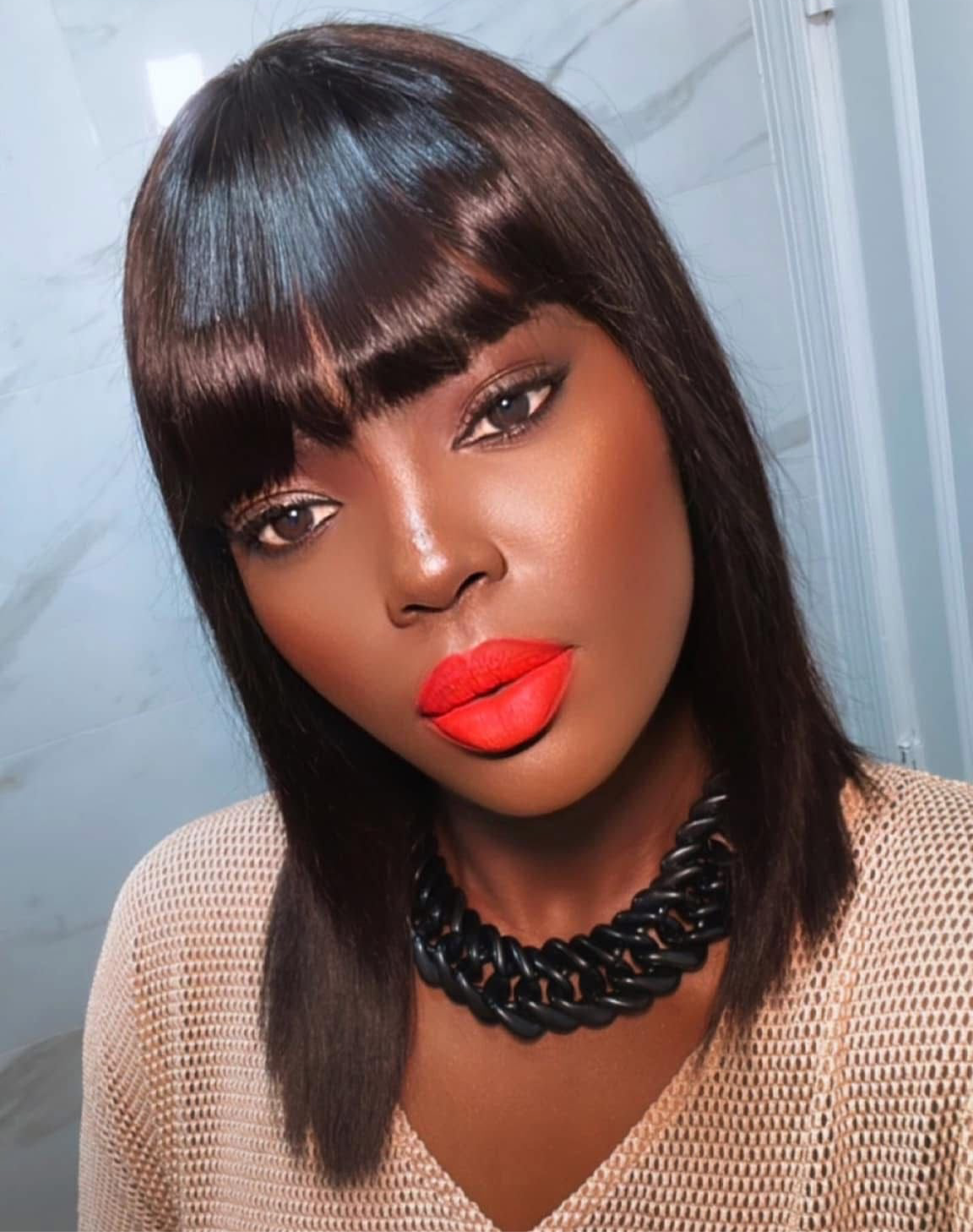 DANOUNOU Bob Wig Human Hair Gleuless Bob Wig with Bangs Human Hair Straight 3*1 Transparent Lace Closure Bob Wig Natural Color