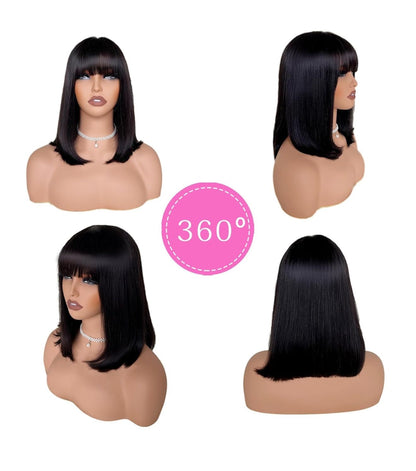Danounou Bob Wig Human Hair Gleuless Bob Wig with Bangs Human Hair Straight 3*1 Transparent Lace Closure Bob Wig Natural Color