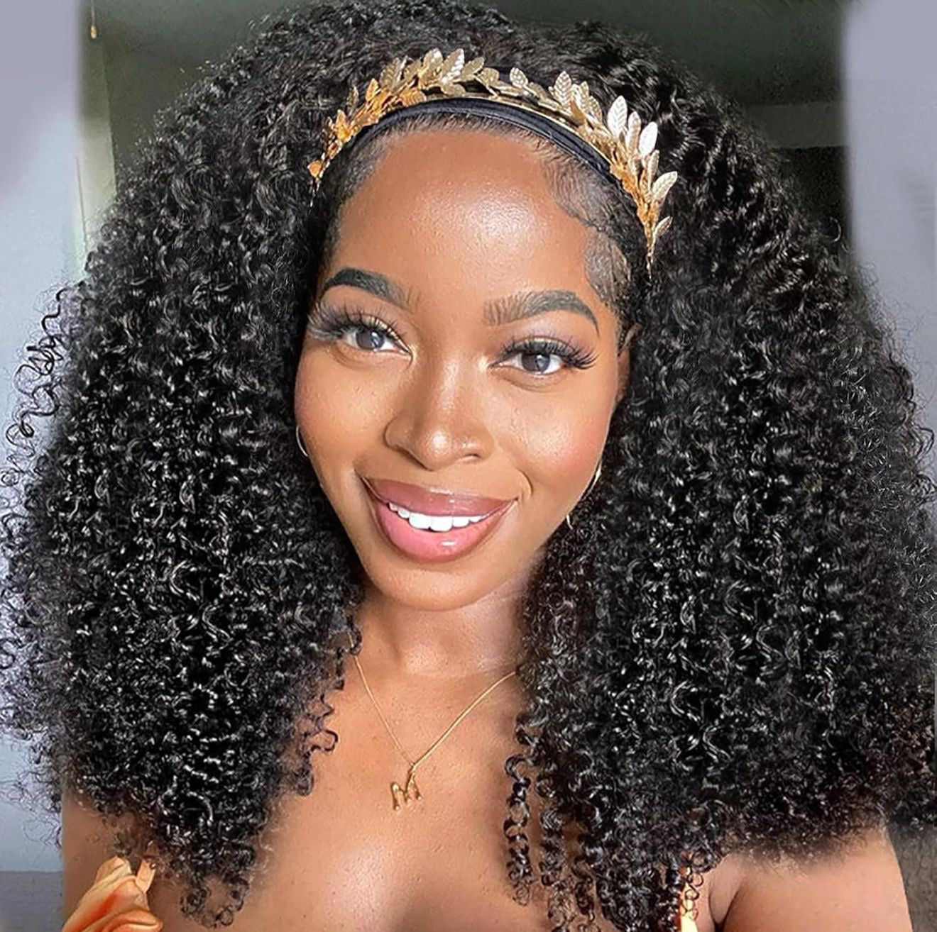 DANOUNOU Headband Wigs Human Hair Curly 250% Density/ Natural Color Wigs Gleuless