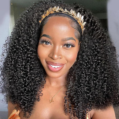 Danounou Headband Wigs Human Hair Curly 250% Density Natural Color Wigs Gleuless
