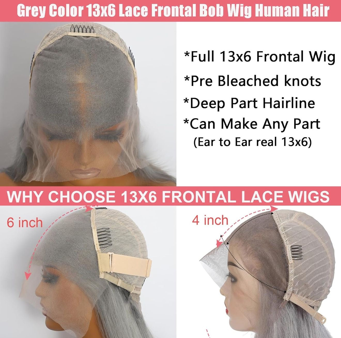 DANOUNOU Bob Straight, 13*6 Transparent Lace, Gray Color, 250% Density, Premium Hair/ 100% Human