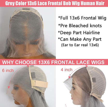 Danounou Bob Straight, 13*6 Transparent Lace, Gray Color, 250% Density, Premium Hair/ 100% Human