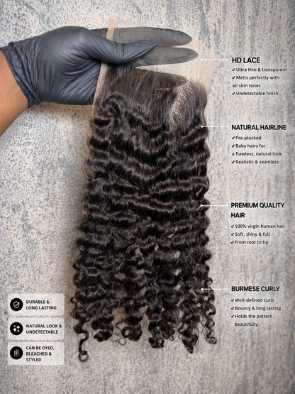 DANOUNOU Raw Burmese Curly HD Lace Closure | 100% Human Hair