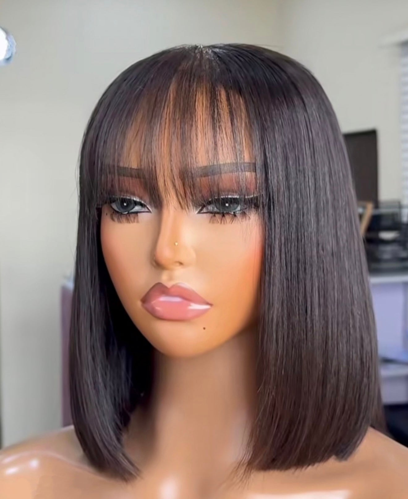 DANOUNOU Bob Wig Human Hair Gleuless Bob Wig with Bangs Human Hair Straight 3*1 Transparent Lace Closure Bob Wig Natural Color